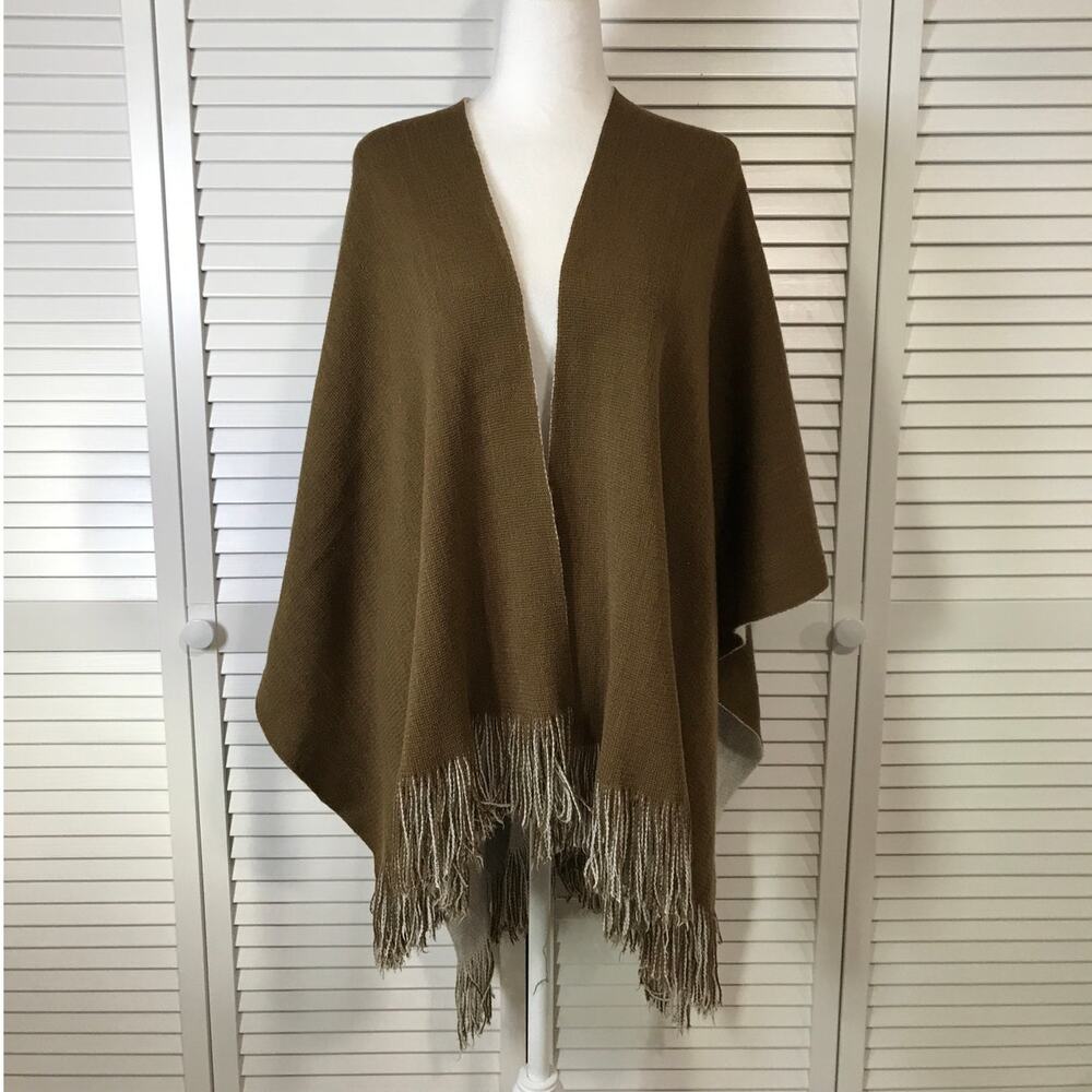 Olive Green V-neck Fringe Open Poncho Shawl Cape One Size8